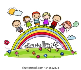 Sketch children and rainbow