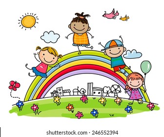 Sketch children and rainbow