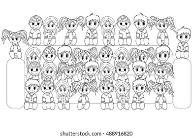 Sketch of the children sitting on a sofa. Doodle. Black and white version.Cartoon characters. Page for coloring book. Vector illustration