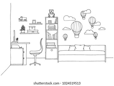 Sketch of a children's room. Teenager's room. Vector illustration