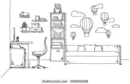 Sketch of a children's room. Teenager's room. Vector illustration