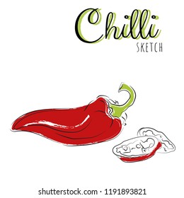 Sketch with chilli peppers. Vector paint hand drawn composition with chilli in cartoon style. Isolated on white background.