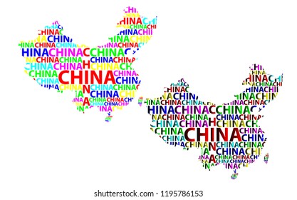 Sketch China letter text map, People's Republic of China (PRC) - in the shape of the continent, Map China - color vector illustration