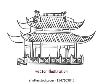 Sketch of chinese pagoda. Vector isolated illustration for design on white background