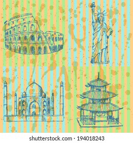 Sketch Chinese temple, Coliseum,Taj Mahal and Statue of Liberty, vector vintage set 
