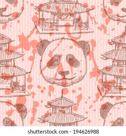 Sketch Chinese temple and panda, vector vintage seamless pattern