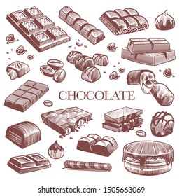 Sketch chocolate. Engraving black chocolate bars, truffle sweets and coffee beans. Vintage hand drawn isolated engraved dessert vector set