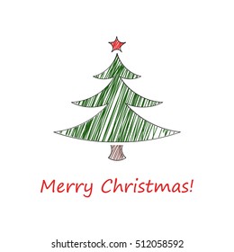 Sketch of christmas card. Fir tree with a red star and with the inscription Merry Christmas. Vector illustration. Modern flat design.