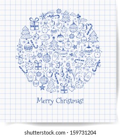 Sketch christmas card with christmas trees, christmas balls and other objects hand-drawn on squared paper. Xmas card. Vector illustration.