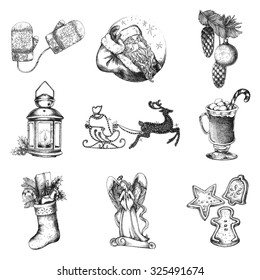 Sketch Christmas Decorations And Symbols. Vector illustration.