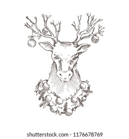 Sketch Christmas deer head isolated on white for coloring book. Christmas deer in a New Year's wreath with balls, bows and cones. Vector illustration. 