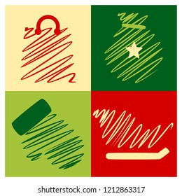 Sketch christmas icon set with shopping bag, sack, sleigh and glove