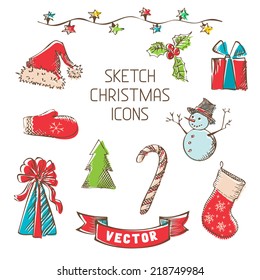 Sketch Christmas icons. Hand-drawn retro Christmas objects for your design isolated on white background.