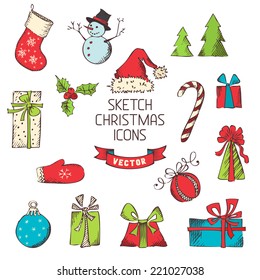 Sketch Christmas icons. Hand-drawn vintage Christmas objects for your design isolated on white background.