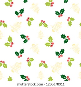 Sketch Christmas pattern with holly leaves and bells