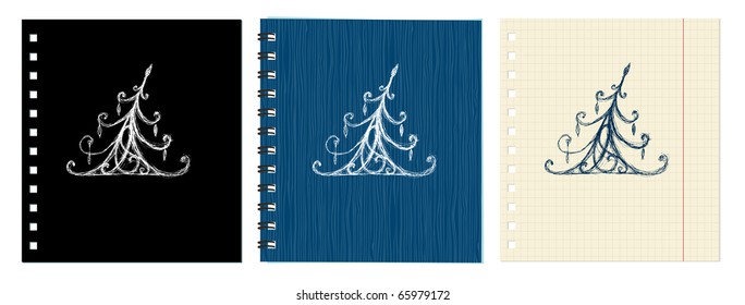 Sketch of christmas pine ornament on notebook cover and sheet