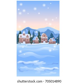 Sketch for Christmas poster with cozy rustic small houses. Template for greeting card or party invitation. Snowy winter landscape with snowfall. Glittering snowflakes, festive mood. Vector cartoon.