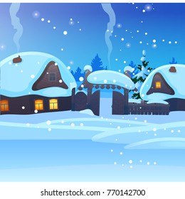 Sketch for Christmas poster with cozy rustic small houses with glowing windows. Template for greeting holiday card. Snowy winter landscape with snowfall in the night, festive mood. Vector cartoon.