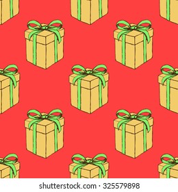 Sketch Christmas present in vintage style, vector seamless pattern