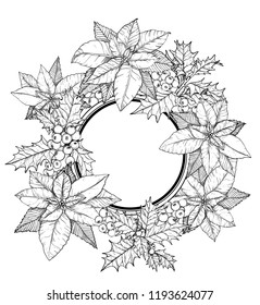 Sketch of Christmas round frame Wreath. Vector illustration