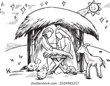 Sketch Christmas Scene. Christian cartoon vector illustration in black and white for games.