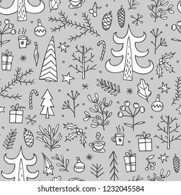 Sketch christmas seamless pattern doodles for wallpaper design. Doodle christmas seamless line-pattern. New year seamless pattern.