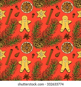 Sketch Christmas seamless pattern in vintage style, vector 