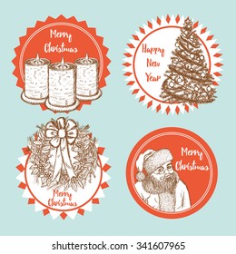 Sketch Christmas set of emblems, vector