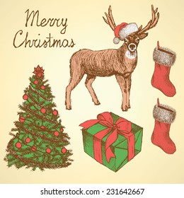 Sketch Christmas set in vintage style, vector