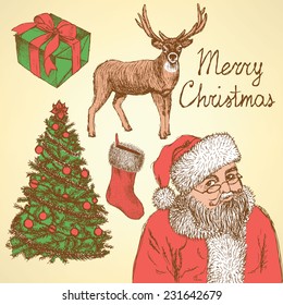 Sketch Christmas set in vintage style, vector