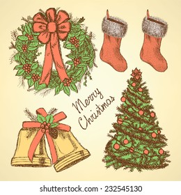 Sketch Christmas set in vintage style, vector 