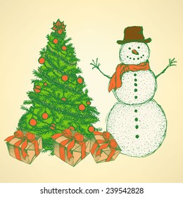 Sketch Christmas set in vintage style, vector