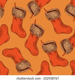 Sketch Christmas stocking in vintage style, vector seamless pattern 