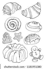 Sketch Christmas sweets. Baking drawn line is not white. Sketch of food. Cake, cookies, cocoa, jar of caramel