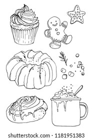 Sketch Christmas sweets. Baking drawn line is not white. Sketch of food. Cake, cookies, cocoa, jar of caramel