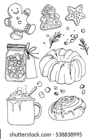 Sketch Christmas sweets. Baking drawn line is not white. Sketch of food. Cake, cookies, cocoa, jar of caramel