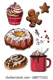 Sketch Christmas Sweets. Baking Drawn Line Is Not White. Color Sketch Of Food. Cake, Cookies, Cocoa, Jar Of Caramel