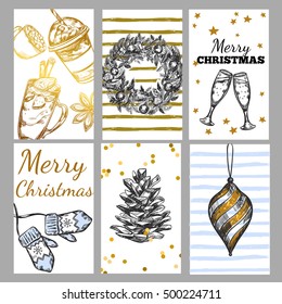 Sketch christmas tag set with merry Christmas congrats descriptions Christmas toys and attributes vector illustration