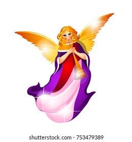 Sketch with Christmas tree decoration in the form of fairy, playing the flute, isolated on white background. Colorful festive bauble. Template of poster, invitation, card. Vector cartoon close-up.