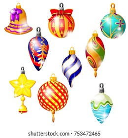 Sketch with Christmas tree decorations different forms isolated on white background. Colorful festive glass baubles. Template of poster, invitation, other card. Vector cartoon close-up illustration.