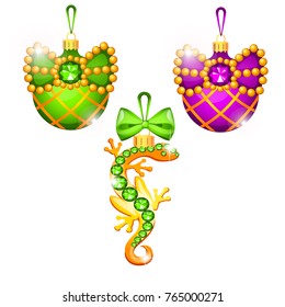 Boceto con decoraciones de árboles de Navidad diferentes formas aisladas sobre fondo blanco. Coloridas bolas de vidrio festivas. Plantilla de cartel, invitación, otra tarjeta. Ilustración de primer plano de dibujos animados de Vector.