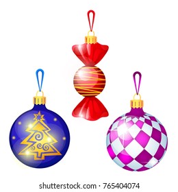 Sketch with Christmas tree decorations different forms isolated on white background. Colorful festive glass baubles. Template of poster, invitation, other card. Vector cartoon close-up illustration.