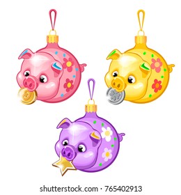 Sketch with Christmas tree decorations pigs isolated on white background. Colorful festive glass baubles. Template of poster, invitation, other card. Vector cartoon close-up illustration.