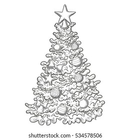 Sketch of Christmas tree on white background. Vector.