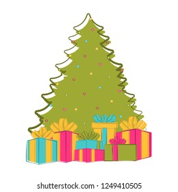 Sketch of a christmas tree with presents. Vector illustration design