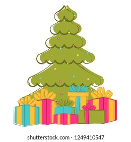Sketch of a christmas tree with presents. Vector illustration design