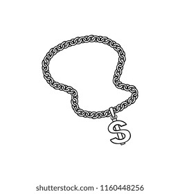 Sketch chunky chain with dollar currency sign in black silhouette icon style. Rap, hip hop music culture symbol, luxury jewelry necklace. Vector isolated illustration.