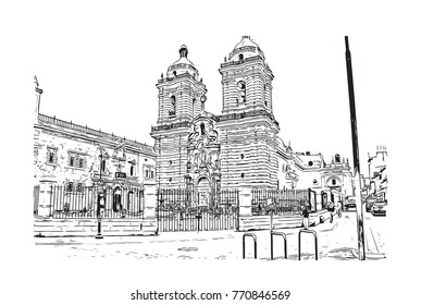 Sketch of Church and Convent of San Francisco, California, USA in vector illustration.