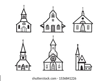 Sketch Church doodle buildings set . Hand drawn illustration, christian sign, catholic religion object