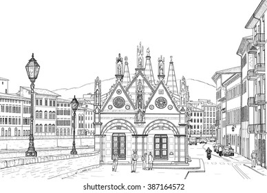 Sketch of the Church of Santa Maria della Spina on the river Arno in Pisa